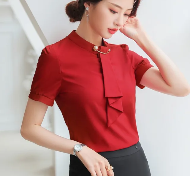 Elegant women short sleeve red shirt Summer teperament business stand