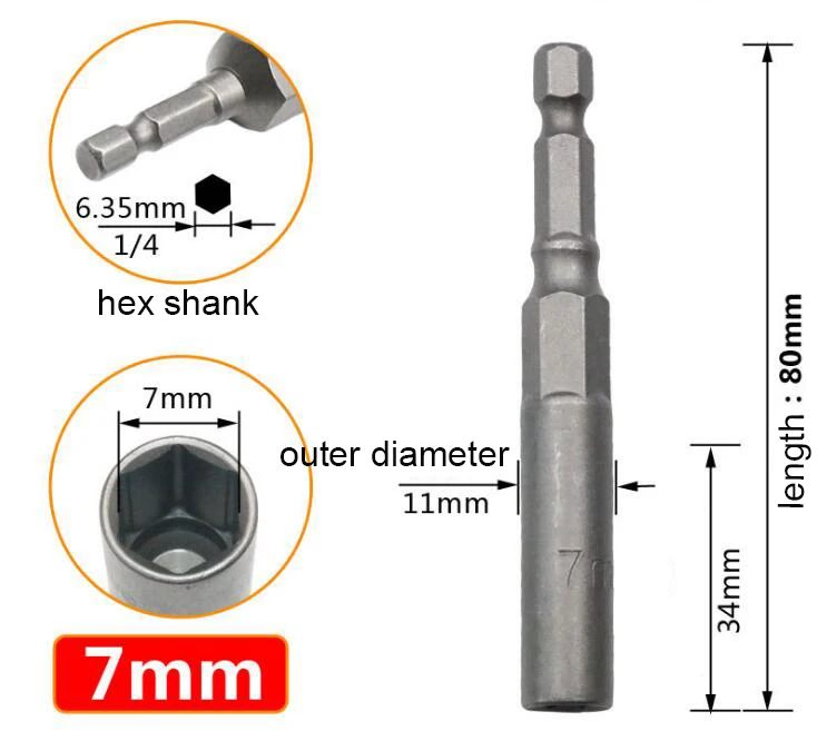 1 шт. 5,5 мм-19 мм Экстра глубокий Болт Гайка Набор бит 1/4 дюймов 6,35 мм шестигранный хвостовик ударная гайка переходника наборы для электроинструмента - Цвет: 7mm