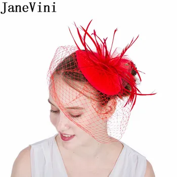 JaneVini Hot Selling Bride Facinator Hat Red Feathers Net Veil Bridal Headband Hair clip Wedding Hat Party Hair Birdcage Veil 1
