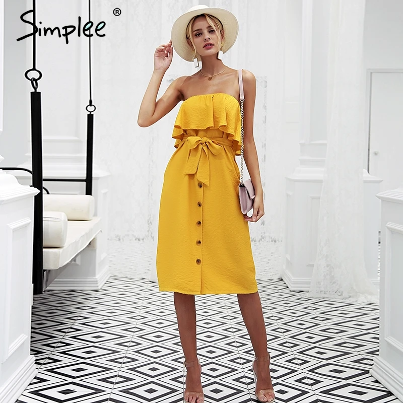 Koop Simplee Strapless voorkant knop ruches sexy jurk Vrouwen solid backless zomer jurk Hoge taille katoen toevallige zwarte jurk 2018