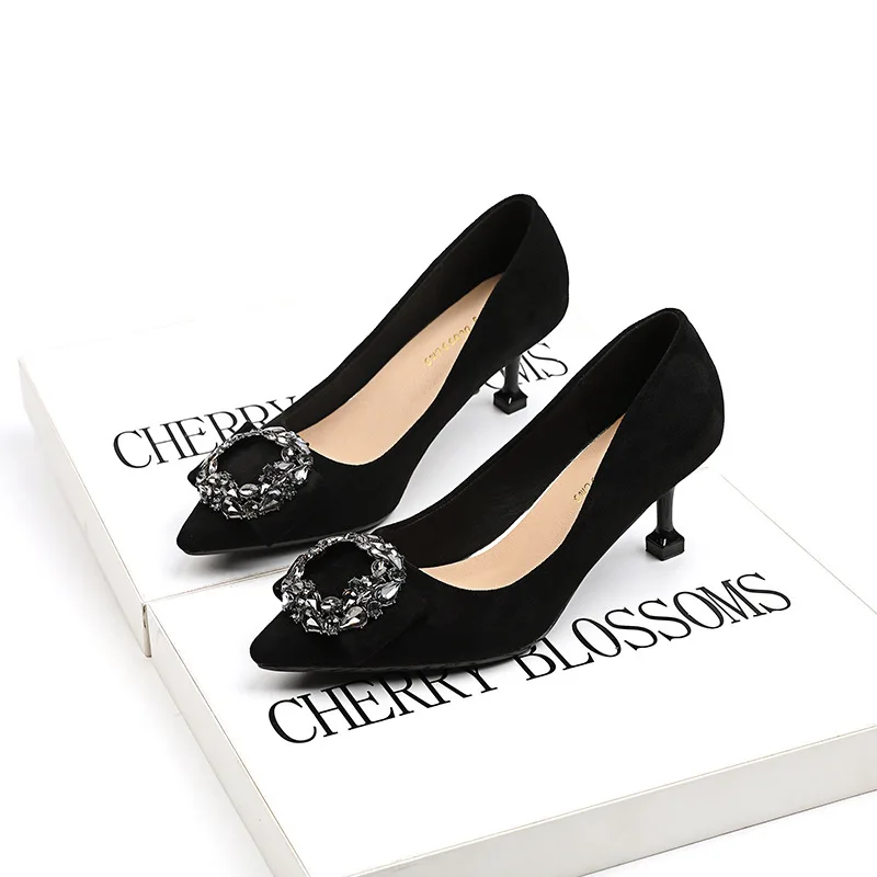 

Women Shoes Pointed Toe Pumps Flock Dress fashion spring Rhinestone metal 6CM Fine High Heels Boat Shoes Basic Office Party