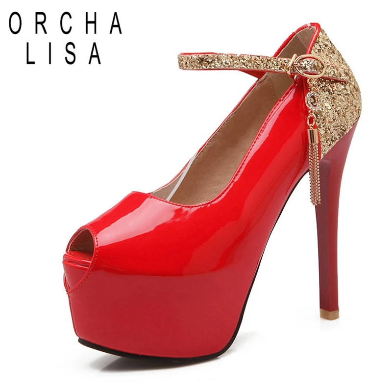 

ORCHA LISA Brand Women Shoes Sexy Women Pumps Glitter Platform High Heels Shoes Stilettos Ankle Strap Sapatos Femininos A233c