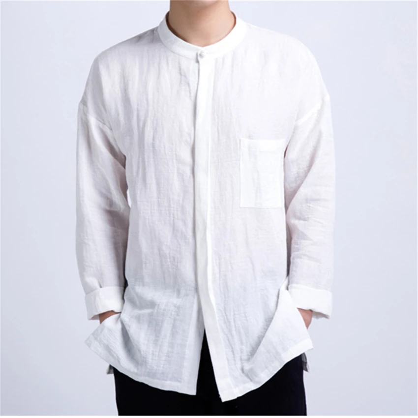 

Chinese Style Kung Fu Clothes for Men Tang Suit Retro Long Sleeve White Solid Mandarin Collar China Fashion Shirt Top Hanfu
