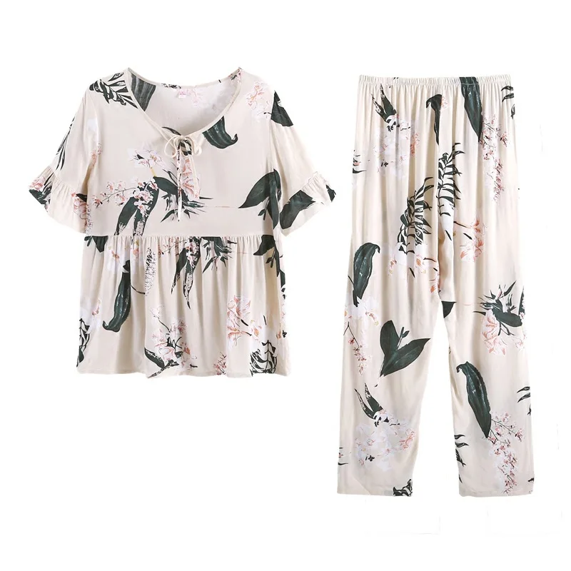 

Summer 2019 pajamas women comfortable V-neck short-sleeved shorts 2 piece set bow print sweet loose wear pajama set plus size