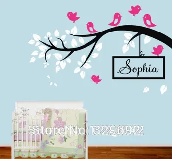 

Personalized Name Large Tree Branches Wall Stickers Flying Birds White Tree Wall Decal Baby Nursery Wall Tattoo Mural