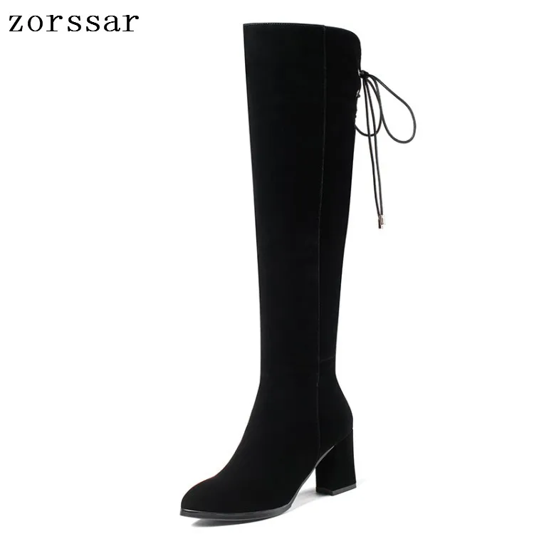 

{Zorssar} 2019 New Flock Leather Women Over the Knee Boots Lace Up Sexy Square High Heel Women Shoes Winter Boots Warm Size 40