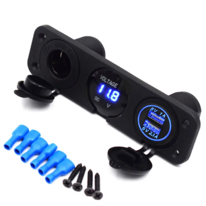1set Car Boat 3 Hole Panel Dual USB Charger+Blue LED Voltmeter+12V Socket Waterproof