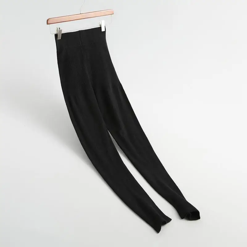Весенние женские брюки, повседневные одноцветные полосатые трикотажные брюки стрейч - Цвет: Черный