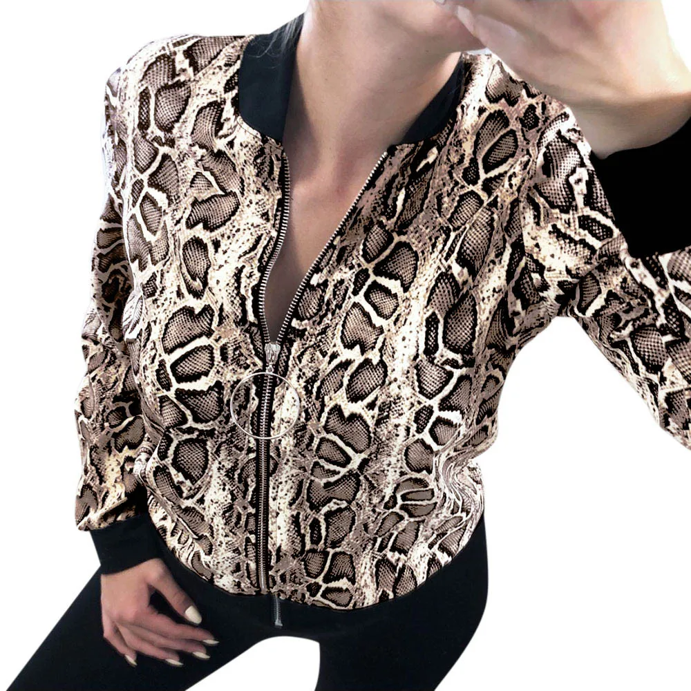 feitong Women Snake Print Long Sleeve Jacket Loose Zip Pocket Coat ...