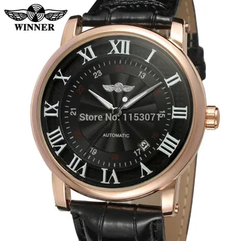 

NEWEST! WINNER WRG8051M3R8 men automatic watch with rose gold color case black dial white roman numbers black leather strap