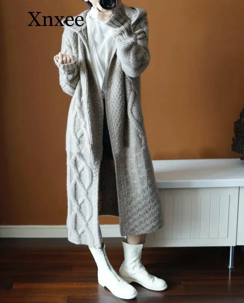 

Xnxee2019 Europe Women Autumn Winter Hooded Long Knit Trench Coat Female Korean Fashion Wool Thick Windbreaker Sweater Coat