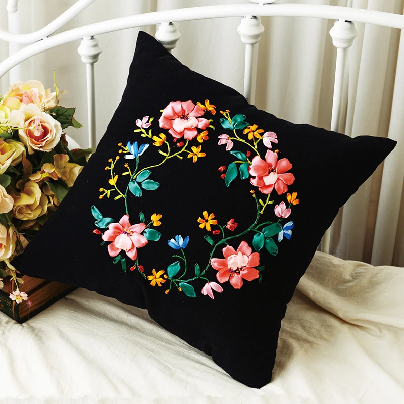 45x45cm 3d Flowers Ribbon Embroidery Pillow Cushion Cover Set Handcraft Diy Handmade Needlework Cross Stitch Swing Craft A 0010 Embroidery Aliexpress