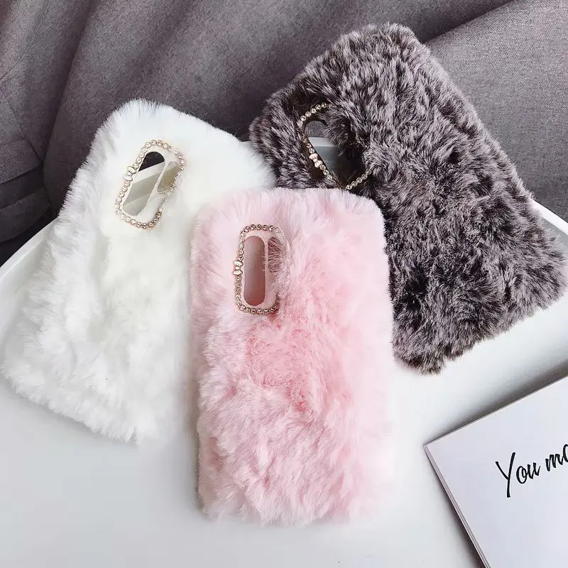 Cute Warm Rabbit Fur Plush diamond Phone Case For Huawei P20 P30 pro Lovely Furry TPU hair Honor 8X 10 Y6 Y7 |