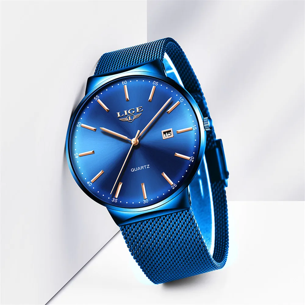 LIGE Лидирующий бренд новые ультра тонкие модные кварцевые мужские часы Роскошные Синие водонепроницаемые часы ремешок из нержавеющей стали Relogio Masculino