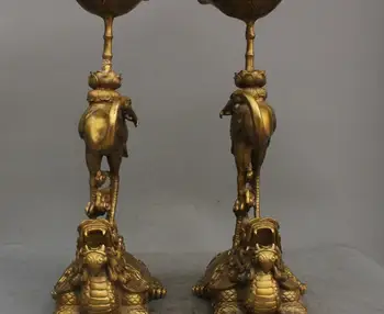 

18" Chinese Feng Shui Crane Ride Turtle Body Lotus Candlestick Bronze Statue