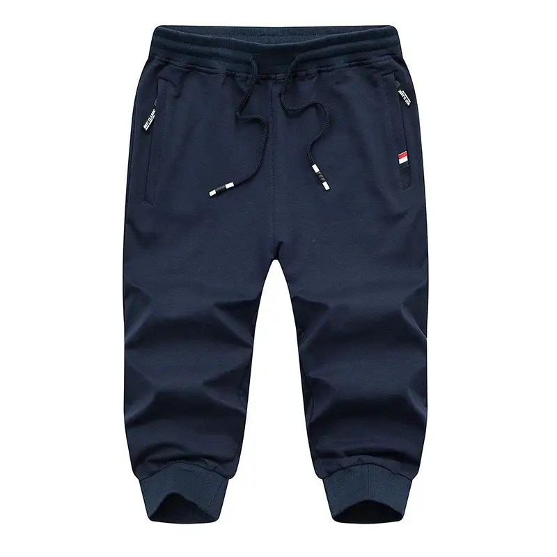 Мужские трикотажные спортивные брюки из хлопка для отдыха, спортивные брюки, 3/4 укороченные брюки, мужские брюки для бега, спортивные штаны для фитнеса - Color: Dark blue