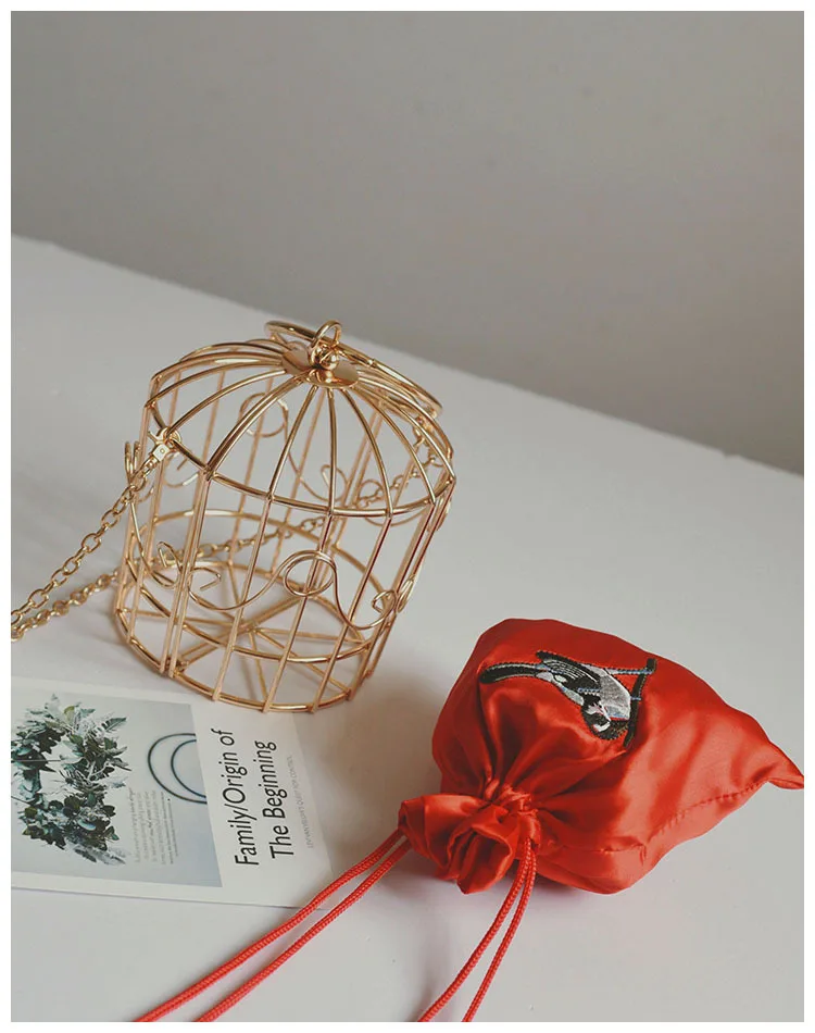 Женская вечерняя сумочка-клатч с металлической рамкой, Вышитое ведро, клетка для птиц, мини-сумка, сумочка с золотыми кисточками, C165