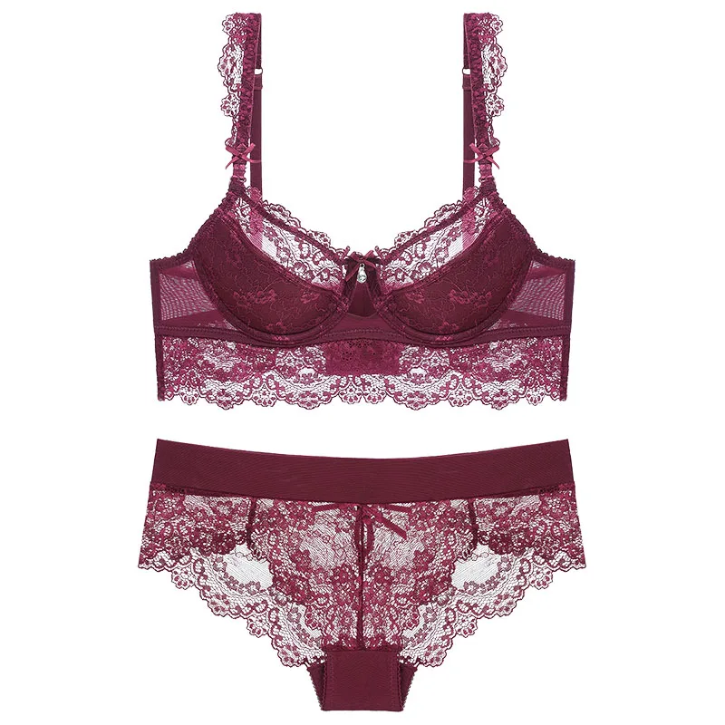 Women Lace Sexy Bra Set Underwire Back Closure Push up Underwear 3-4 Cup Bras (10)