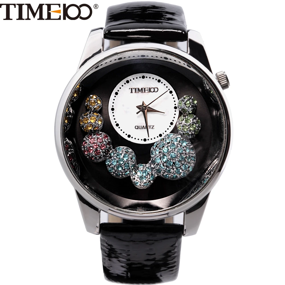 Time100 Fashion Women's Watches Black Leather Strap Diamond Quartz