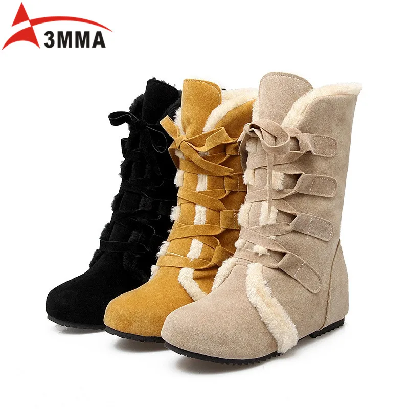 3MMA Suede Fur Lined Boots Lace Up Winter Women Mid-Calf Boots Flats Platform Thick Plush Snow Warm Boots Large Size 34-48