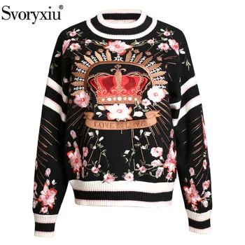 

Svoryxiu Fashion Runway Autumn Winter Knitting Sweater Women's luxury Floral Crown Embroidery Vintage Black Loose Pullovers