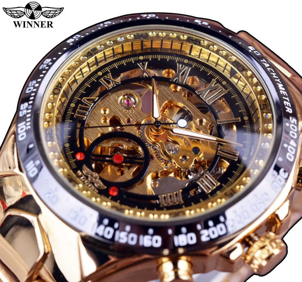 Новые механические часы спортивный дизайн ободок золотые часы мужские лучшие брендовые Роскошные автоматические полые Настольные