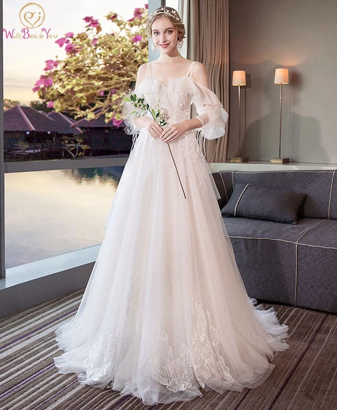 

2019 New Wedding Dress Robe De Mariee Beach Dresses 3/4 Sleeves Sexy Spaghetti Straps Ruffles Sequined Sweep Train Bridal Gowns