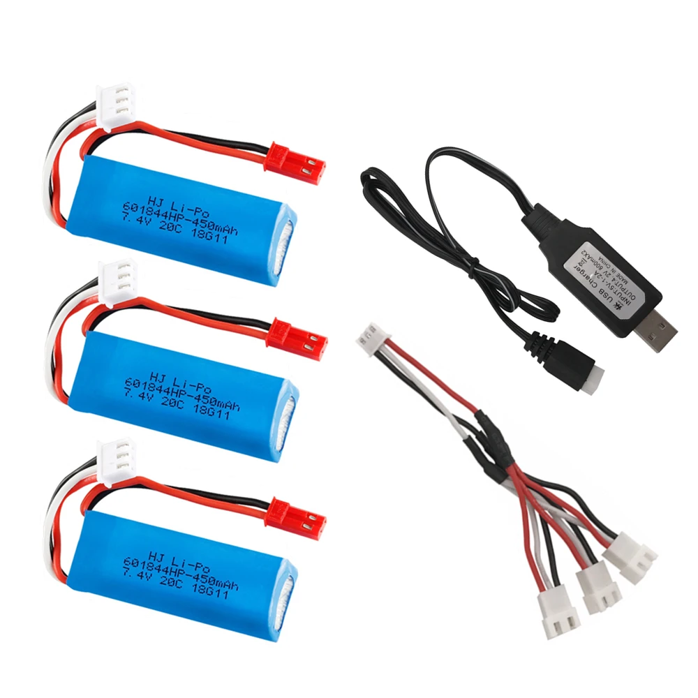 

7.4V 450mAh Lipo Battery and USB Charger for WLtoys K969 K979 K989 K999 P929 P939 RC Car Parts 2s 7.4v Battery 3pcs