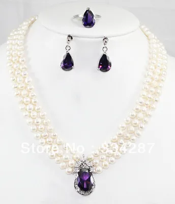 

stunning 3 row 6-7mm white pearl & Amethyst pendant necklace ring set