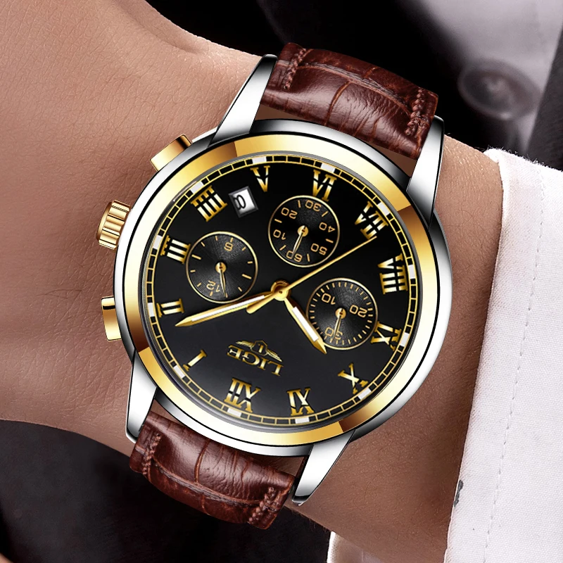 Ceny LIGE męskie zegarki moda biznesowa Top marka zegarek mężczyźni sport zegar wodoodporny skórzany zegarek kwarcowy Relogio Masculino + Box