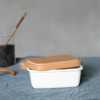 

Japanese style porcelain enamel food storage box kitchen preservation bowl square simplified butter lunch box mess tin crisper
