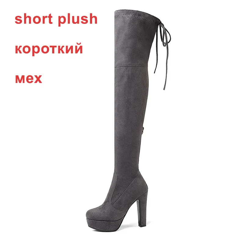 WETKISS/; высокие сапоги до бедра на Высоком толстом каблуке; Новейшие женские эластичные сапоги выше колена на платформе; женская зимняя обувь из искусственной замши на молнии - Цвет: darkgray short plush
