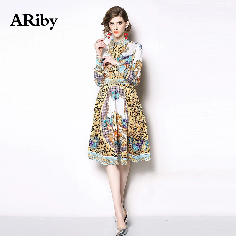 Women Dress Turn-down Collar Dress Spring 2019 New Fashion Lady Vintage Elegant Temperament Printed Long-sleeved A-Line Dresses