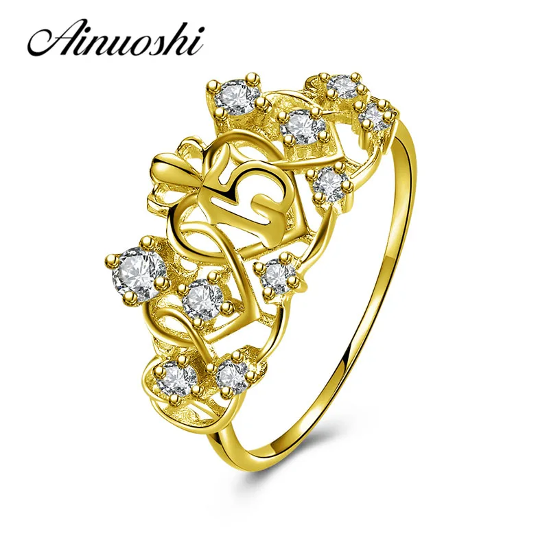 

AINUOSHI Elegant Queen Crown Ring 10K Solid Yellow Gold Heart Ring Bridal Ring 15th Anniversary Fine Jewelry Women Wedding Ring