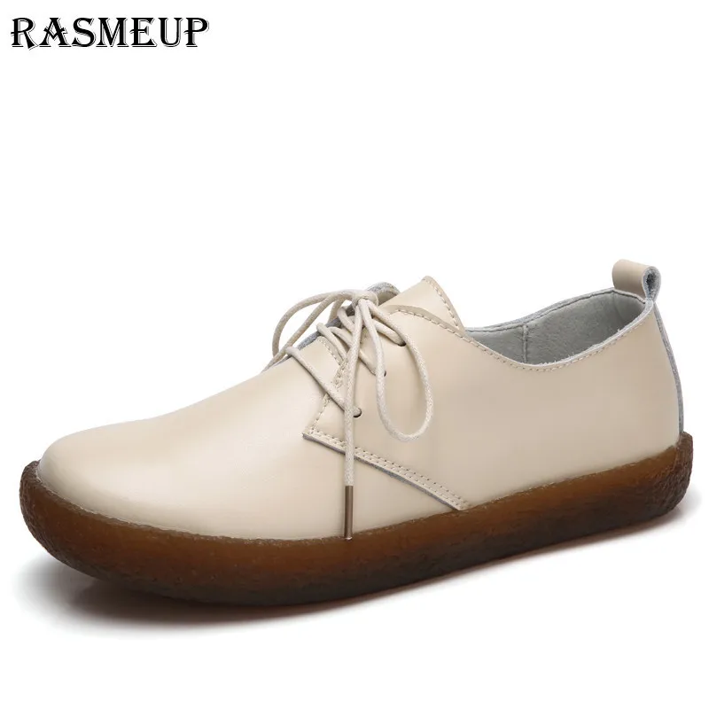 

RASMEUP Genuine Leather Women's Flat Sneakers 2018 Fashion Soft Lace Up Women Flats Loafers Comfortable Woman Casual Shoes