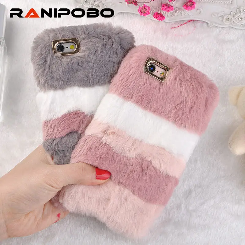 

Luxury Warm Rabbit Fur Plush Phone Case For iPhone X 6 6S Plus 7 7Plus 8 8Plus Lovely splice Cute Furry Soft TPU hair Back Cover