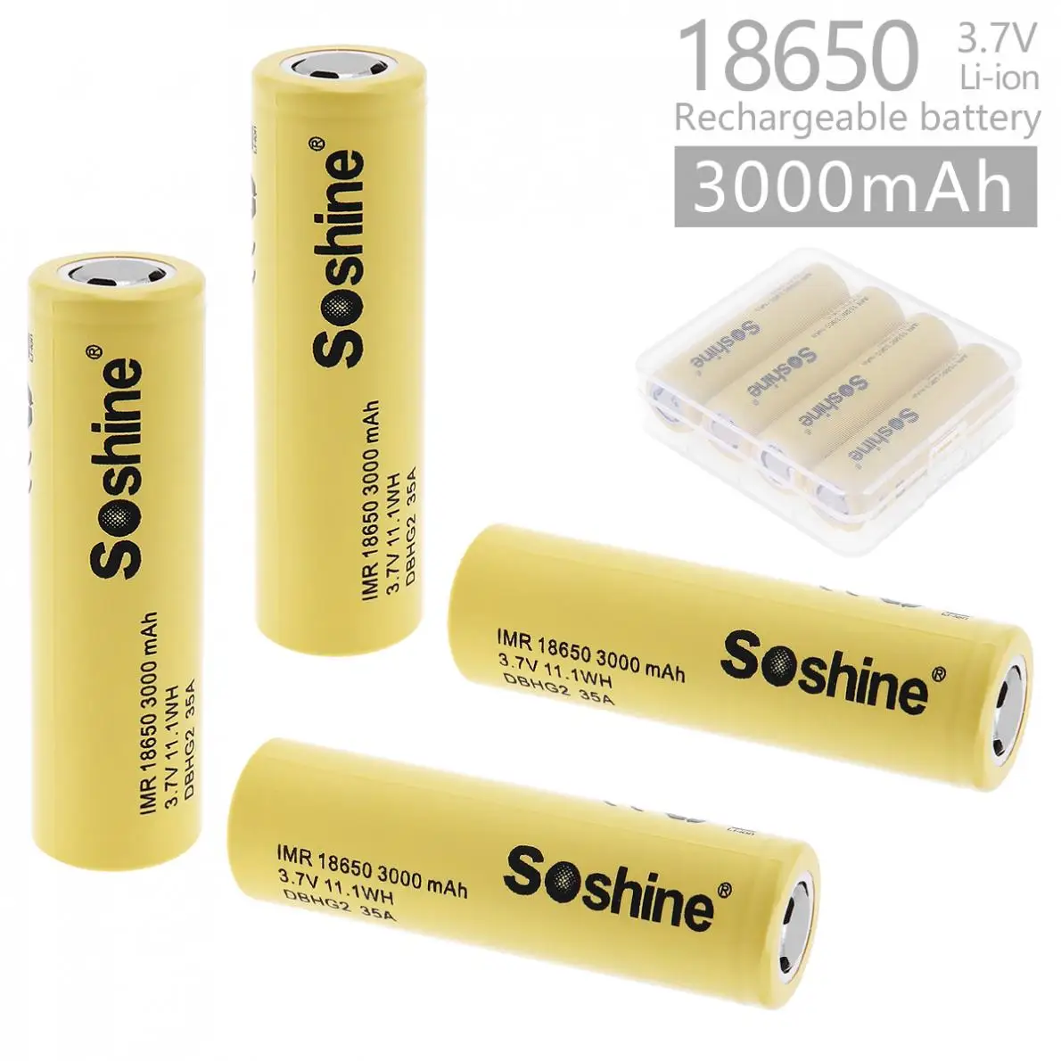 

Soshine 4pcs 3000mAh DBHG2 35A 3.7V 11.1WH IMR 18650 Rechargeable Li-ion Battery with Safety Relief Valve + Portable Battery Box