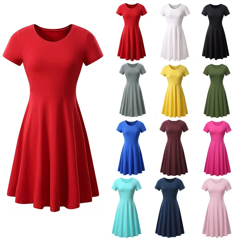 

2018 Spring And Summer Hot Europe And America Large Size Solid Color Round Neck Short Sleeve Comfortable Simple Loose Dress S-3x