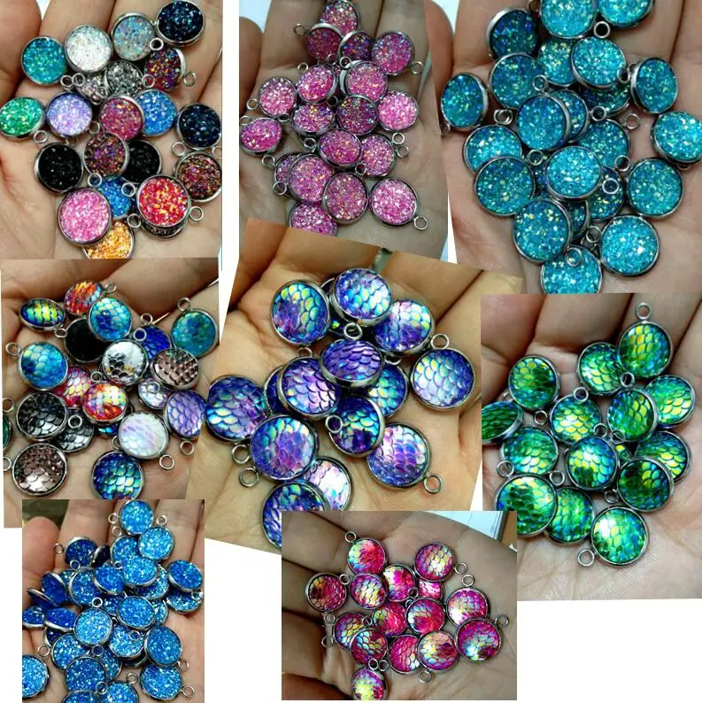 

AKOLION 12mm Colorful druzy stone Charms Pendant Finding for necklace Jewelry Accessories Earring Charms