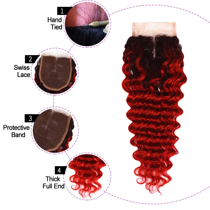 Цветной 1B красный глубокая волна 3 Связки с закрытием Ombre перуанский человеческих волос Weave Связки с закрытием номера Реми утка shining Star