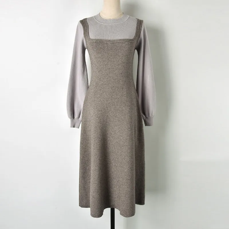 Женское поддельное платье-свитер из двух частей с рукавами-фонариками, а-силуэт, платье-свитер миди, элегантный корейский Модный зимний халат, серый, черный