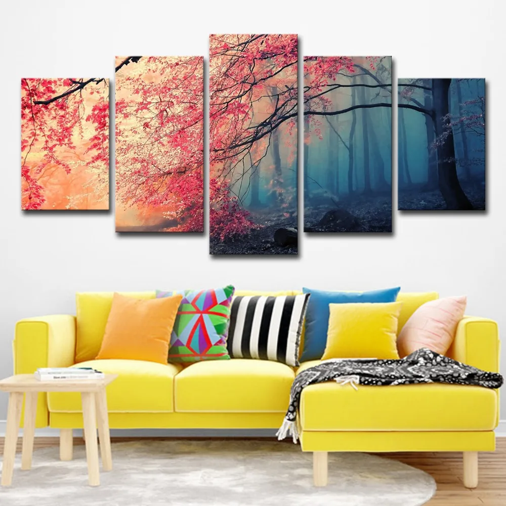 5P0037 Canvas HD Prints Posters Home Decor Wall Art Red Trees Forest Pictures 5 Pieces Cherry Blossoms Paintings Living Room Framework  (3)