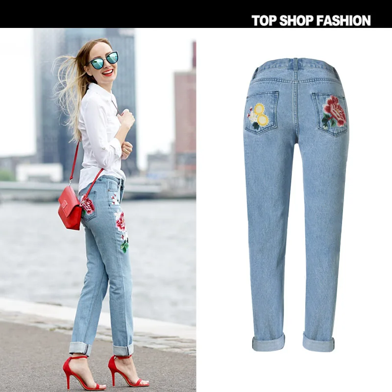 Новый Европа и США женские пастырской стиль 3D стерео вышивка дамы розовое свободные джинсы прямые большой ярдов