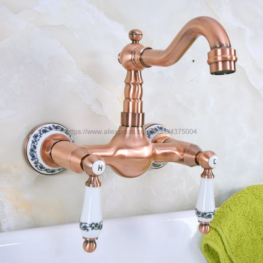 Antique Red Copper Bathroom Basin Faucet Wall Mounted Double Handle Swivel Spout Hot and Cold Mixer Faucet Nnf955