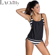 Womens Plus Size Maillot De Bain 8 Colors Striped Swimsuit Double Up Tankini Top with Triangular Briefs 2 PC Swimwear LC41990