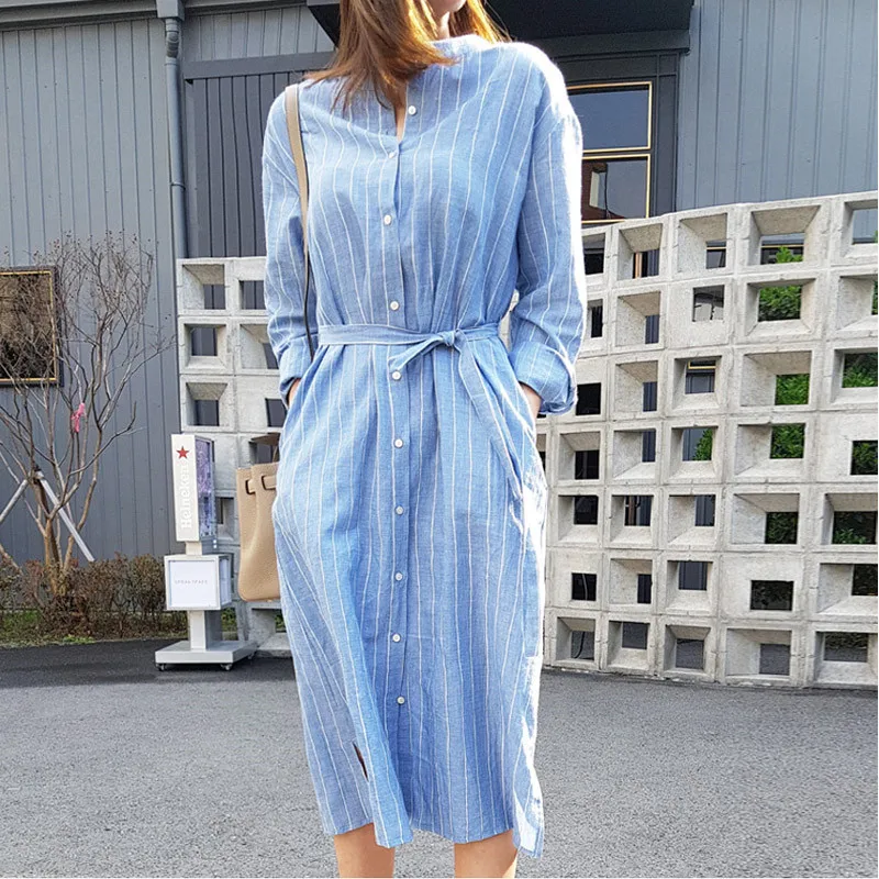 

Lazy Style Striped Blouses Strap Belt Waist Office Lady Women Shirts 2018 Autumn Long Design OL Stripe Shirt Tops M18090901