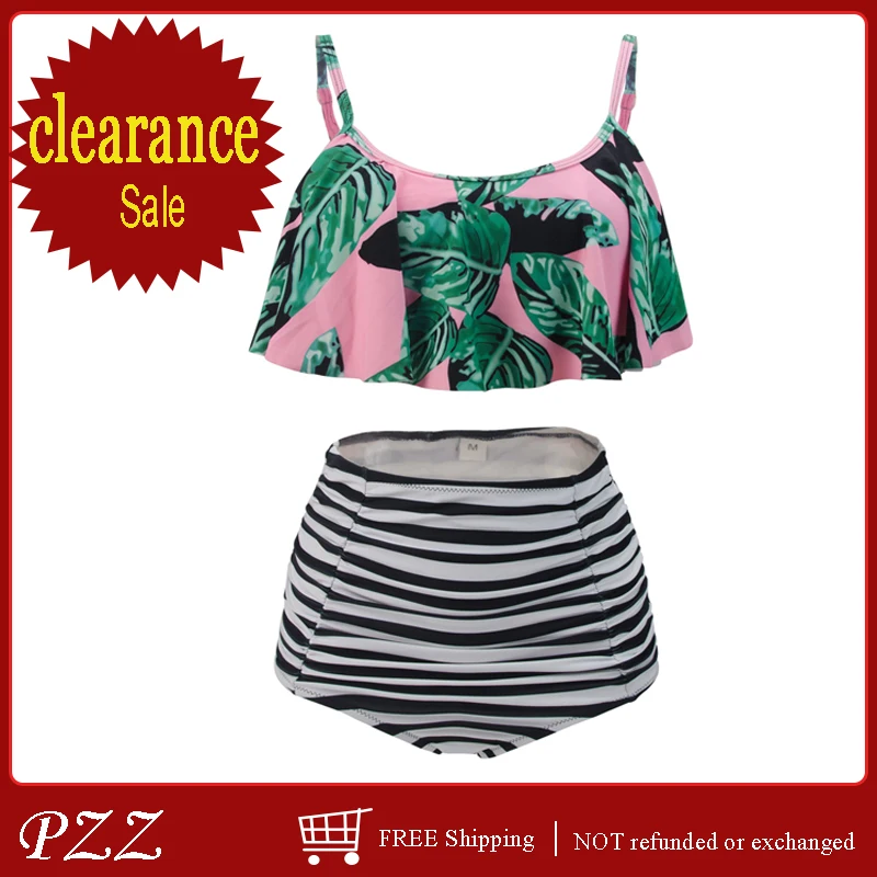 

Sexy Ruffled Halter Bikinis Bandeau Women Swimwear Tropical Plants Print High Waist Swimsuit Striped Bathing Suits Monokini