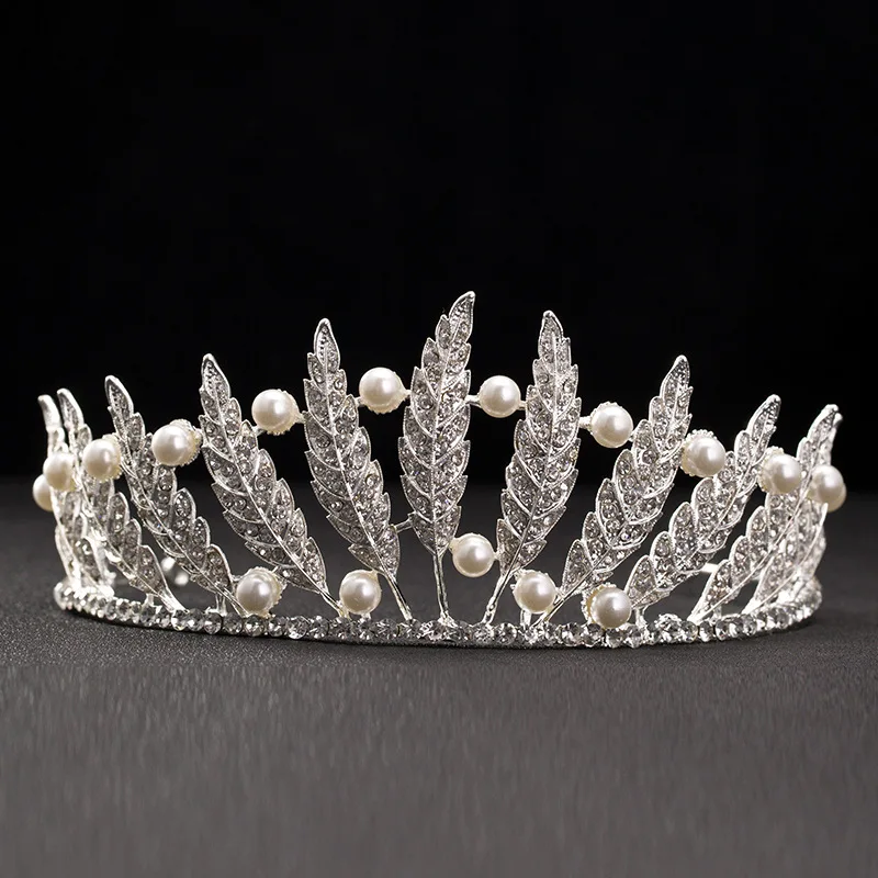 Silver pearl bridal tiara wedding leaf crystal queen crown bride tiaras