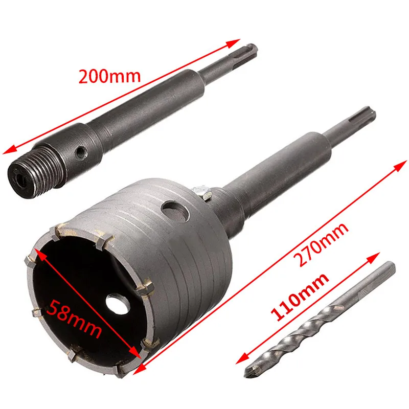 1 Set 58mm Metal Concrete Drill Bit Wall Hole Saw Cutter Kit 200mm Rod For Brick Cement Stone 4 in 1 kit 65mm concrete drill bit with wall hole saw cutter brick cement stone 200mm connecting rod with wrench