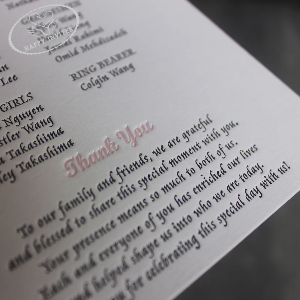 HI9035-10 Custom Elegant White Wedding Program Fan with Black & Pink Foil Letterpress Made in China